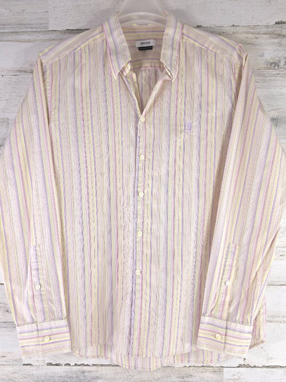 VERSACE MEN'S SIZE 17 1/2 - 44 MULTICOLOR STRIPED BUTTON DOWN LONG SLEEVE SHIRT